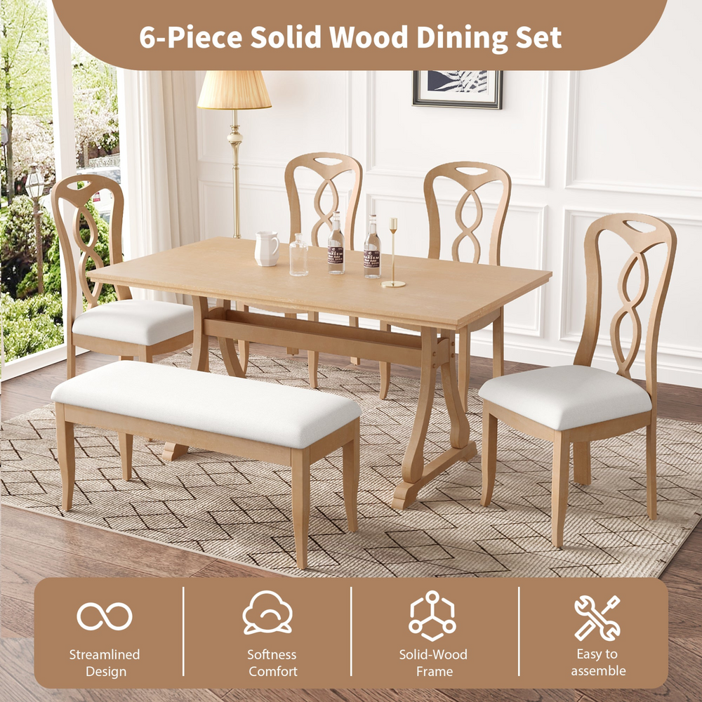 Boho Aesthetic Retro 6-Piece Trestle Dining Table Set with Upholstered Dining Chairs and Dining Bench, Smooth Dining Backs for Dining Room, Living Room, Kitchen, Natural | Biophilic Design Airbnb Decor Furniture 