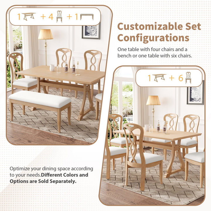 Boho Aesthetic Retro 6-Piece Trestle Dining Table Set with Upholstered Dining Chairs and Dining Bench, Smooth Dining Backs for Dining Room, Living Room, Kitchen, Natural | Biophilic Design Airbnb Decor Furniture 