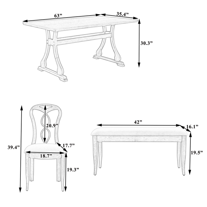 Boho Aesthetic Retro 6-Piece Trestle Dining Table Set with Upholstered Dining Chairs and Dining Bench, Smooth Dining Backs for Dining Room, Living Room, Kitchen, Natural | Biophilic Design Airbnb Decor Furniture 