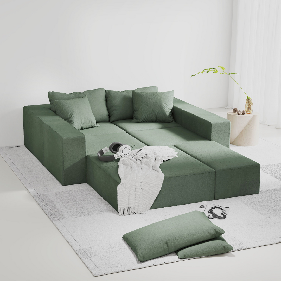 Boho Aesthetic Modern Sage Green Upholstered Sectional Sofa Couch Set | Biophilic Design Airbnb Decor Furniture 