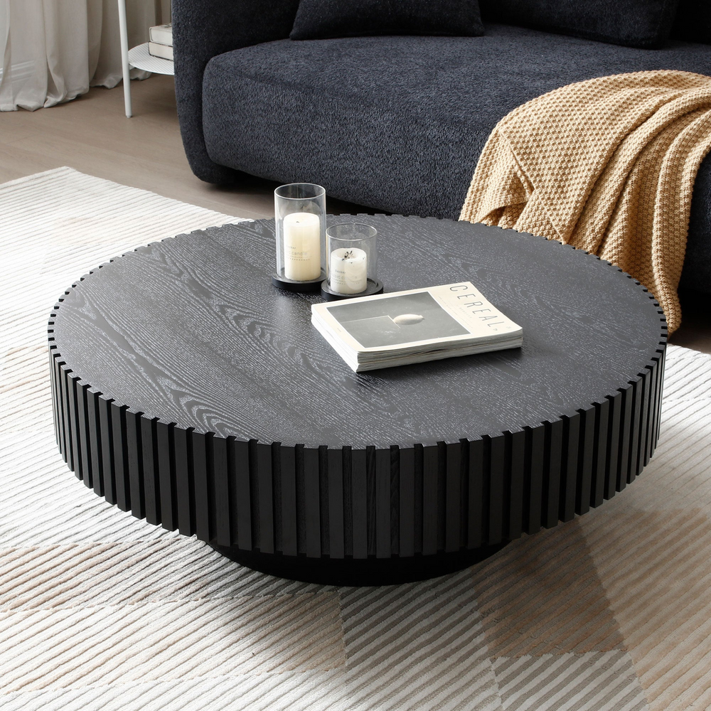 Boho Aesthetic Modern Handcraft Drum Coffee Table Round Wood Coffee Table for Living Room | Biophilic Design Airbnb Decor Furniture 