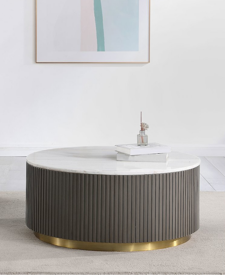 Eirini Mediterranean Farmhouse Round Marble Top Coffee Table White and Charcoal - Mediterranean Italian Contemporary Home Decor Furniture