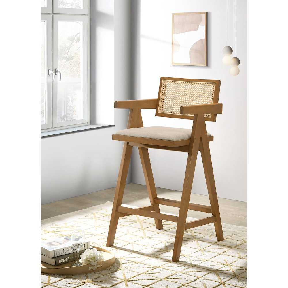 Buy farmhouse furniture Kane Woven Rattan Wood Bar Chair Light Walnut (Set of 2) - Modern Cottage Farmhouse Furniture