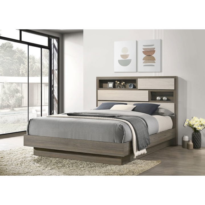 Buy farmhouse furniture Fenwick Queen Bed Bookcase Headboard Grey Oak - Modern Cottage Farmhouse Furniture
