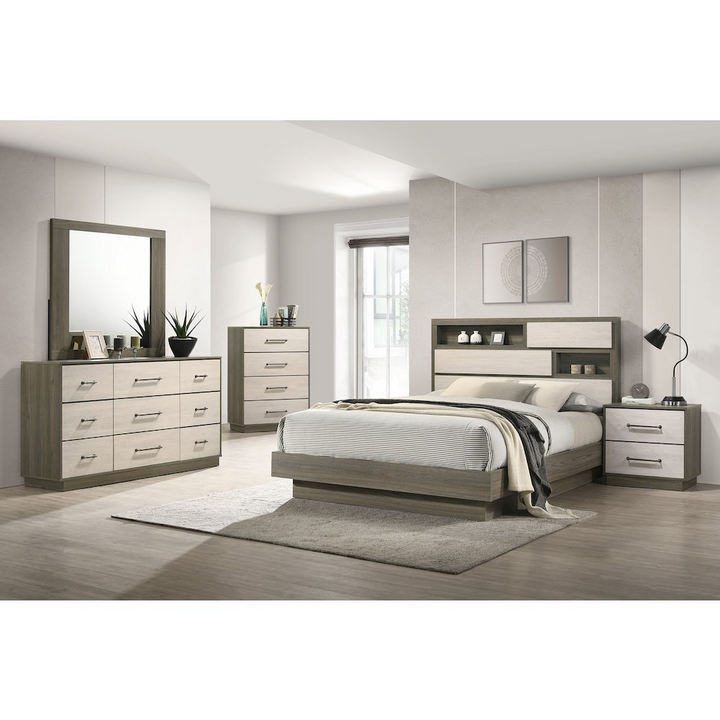 Buy farmhouse furniture Fenwick Queen Bed Bookcase Headboard Grey Oak - Modern Cottage Farmhouse Furniture