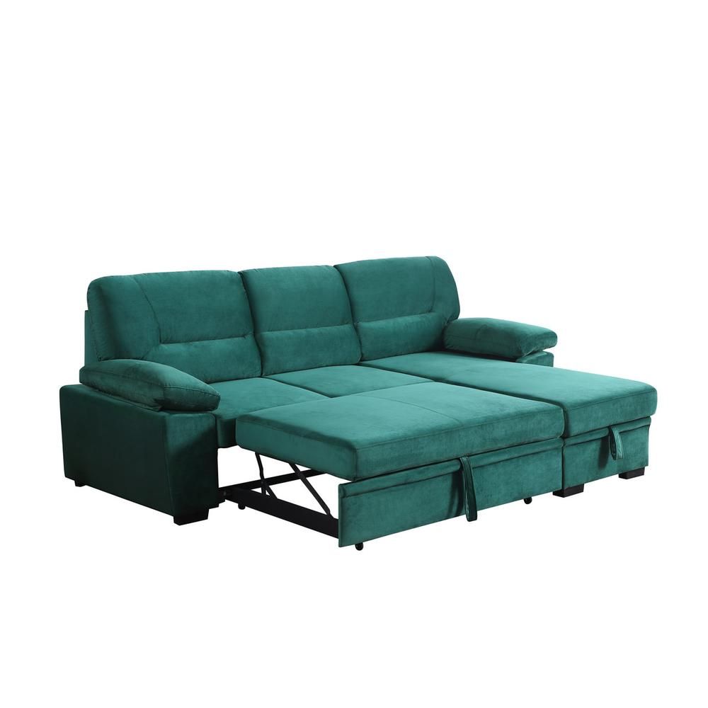 Boho Aesthetic Kipling Green Woven Fabric Reversible Sleeper Sectional Sofa Chaise | Biophilic Design Airbnb Decor Furniture 