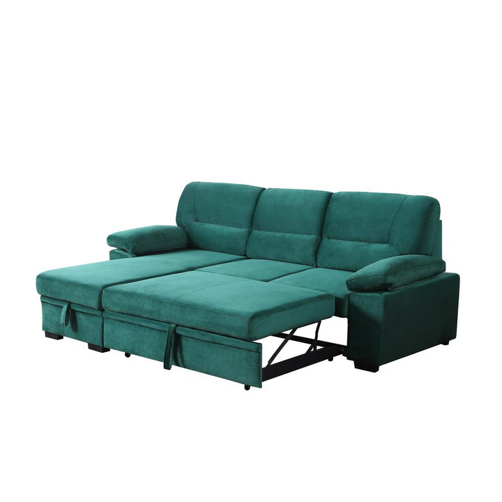 Boho Aesthetic Kipling Green Woven Fabric Reversible Sleeper Sectional Sofa Chaise | Biophilic Design Airbnb Decor Furniture 