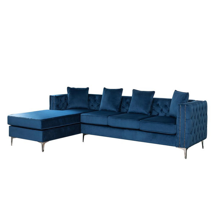 Boho Aesthetic Ryan Deep Blue Velvet Reversible Sectional Sofa Chaise with Nail-Head Trim | Biophilic Design Airbnb Decor Furniture 