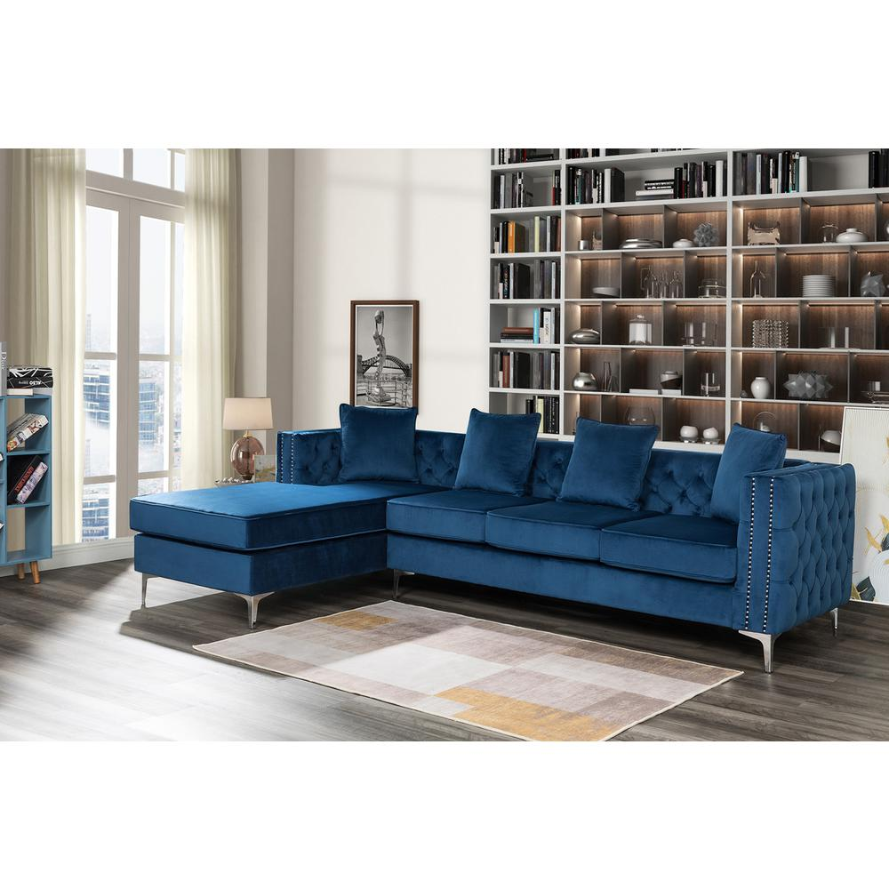 Boho Aesthetic Ryan Deep Blue Velvet Reversible Sectional Sofa Chaise with Nail-Head Trim | Biophilic Design Airbnb Decor Furniture 