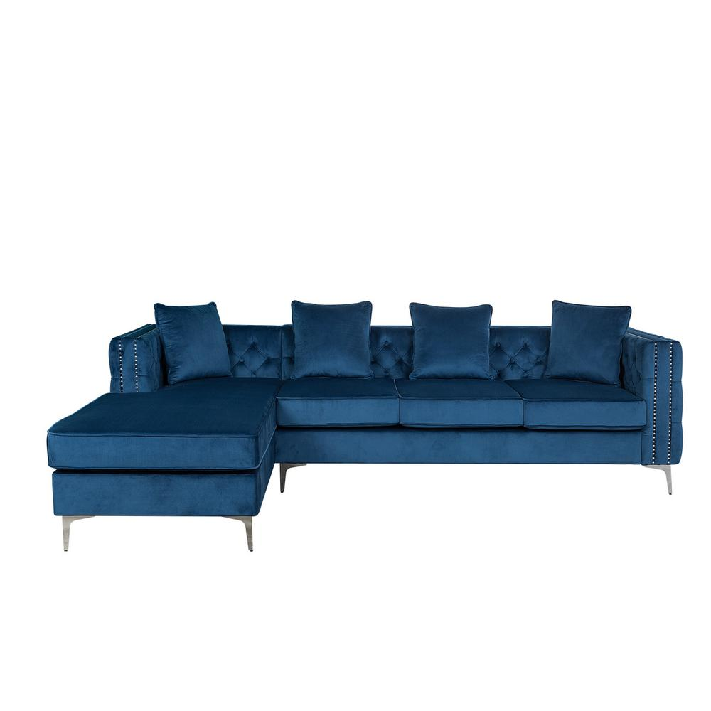 Boho Aesthetic Ryan Deep Blue Velvet Reversible Sectional Sofa Chaise with Nail-Head Trim | Biophilic Design Airbnb Decor Furniture 