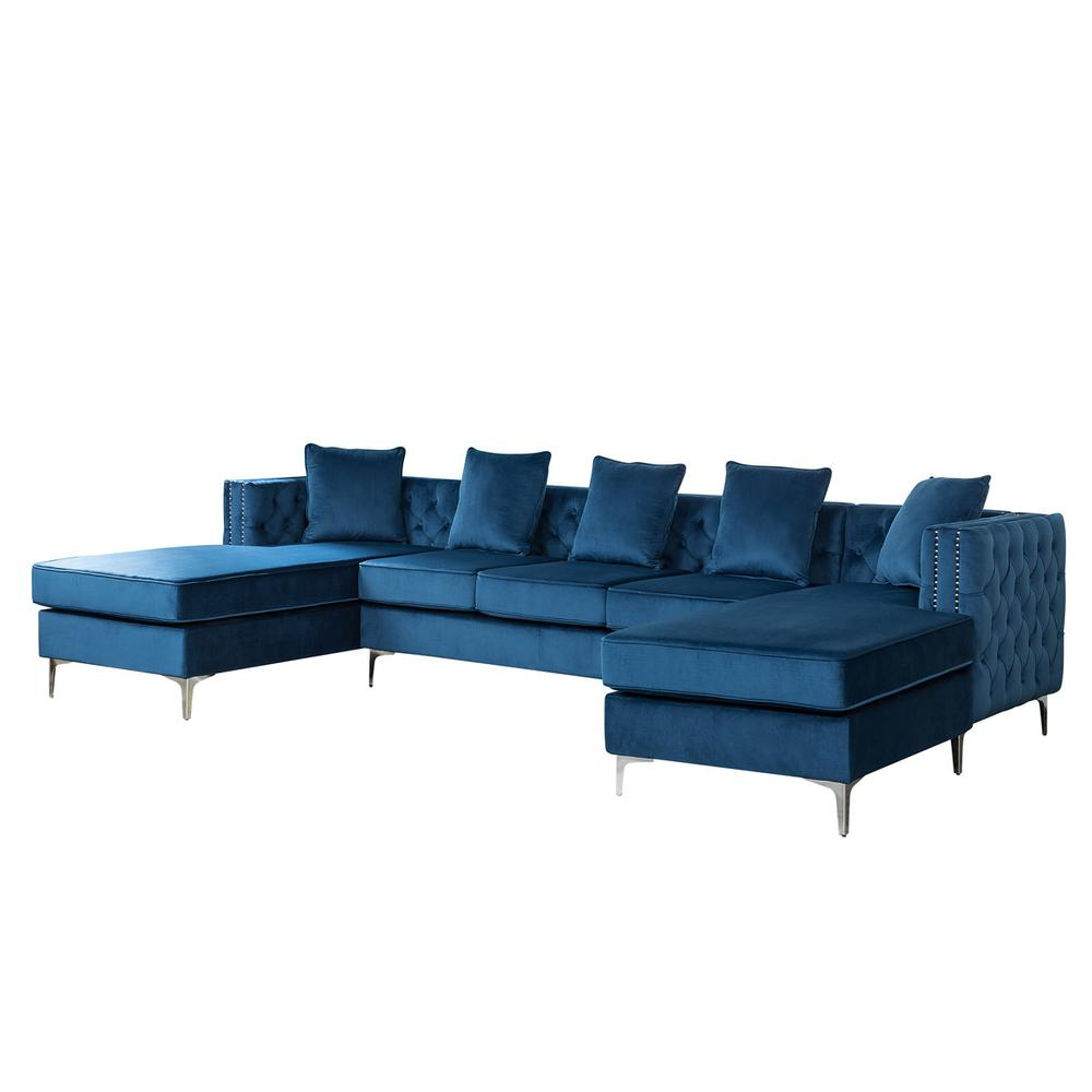 Boho Aesthetic Ryan Deep Blue Velvet Double Chaise Sectional Sofa with Nail-Head Trim | Biophilic Design Airbnb Decor Furniture 