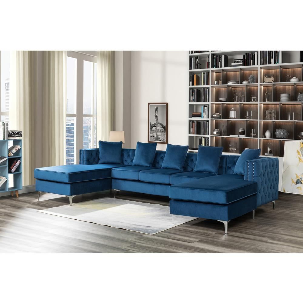 Boho Aesthetic Ryan Deep Blue Velvet Double Chaise Sectional Sofa with Nail-Head Trim | Biophilic Design Airbnb Decor Furniture 