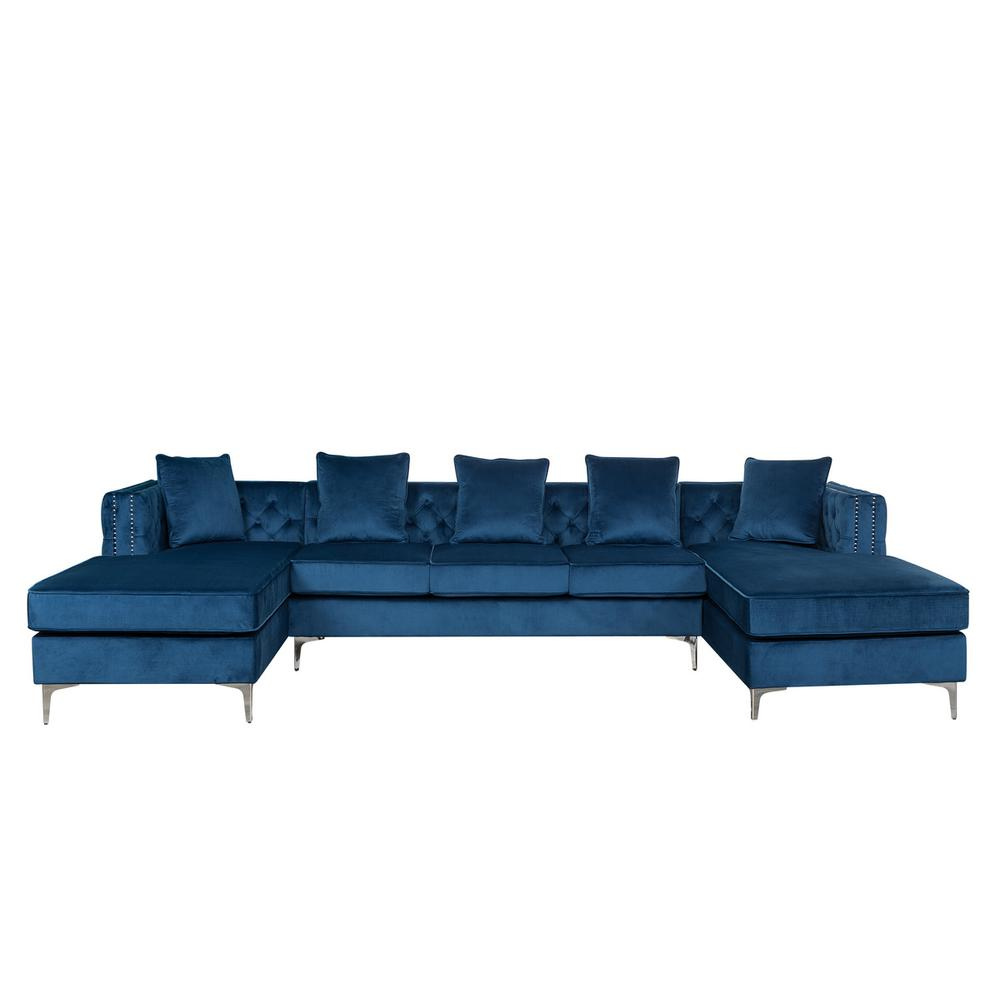 Boho Aesthetic Ryan Deep Blue Velvet Double Chaise Sectional Sofa with Nail-Head Trim | Biophilic Design Airbnb Decor Furniture 
