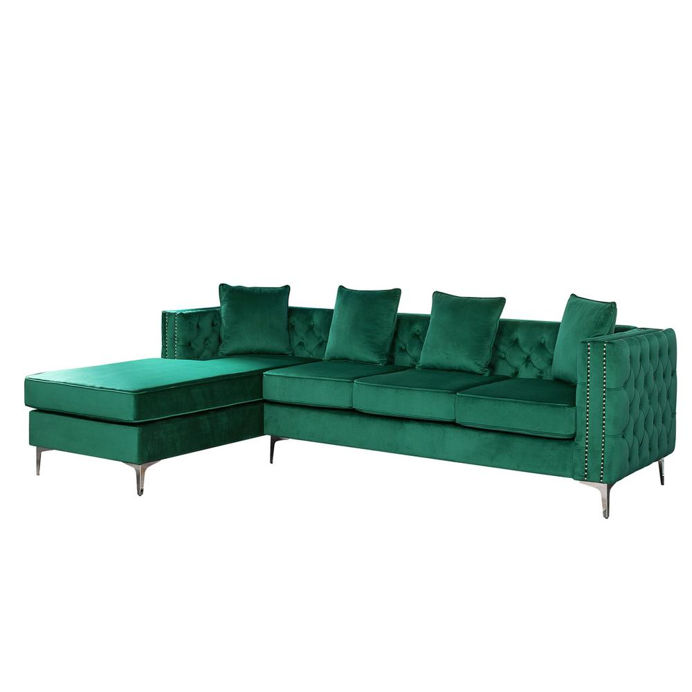 Boho Aesthetic Ryan Green Velvet Reversible Sectional Sofa Chaise with Nail-Head Trim | Biophilic Design Airbnb Decor Furniture 