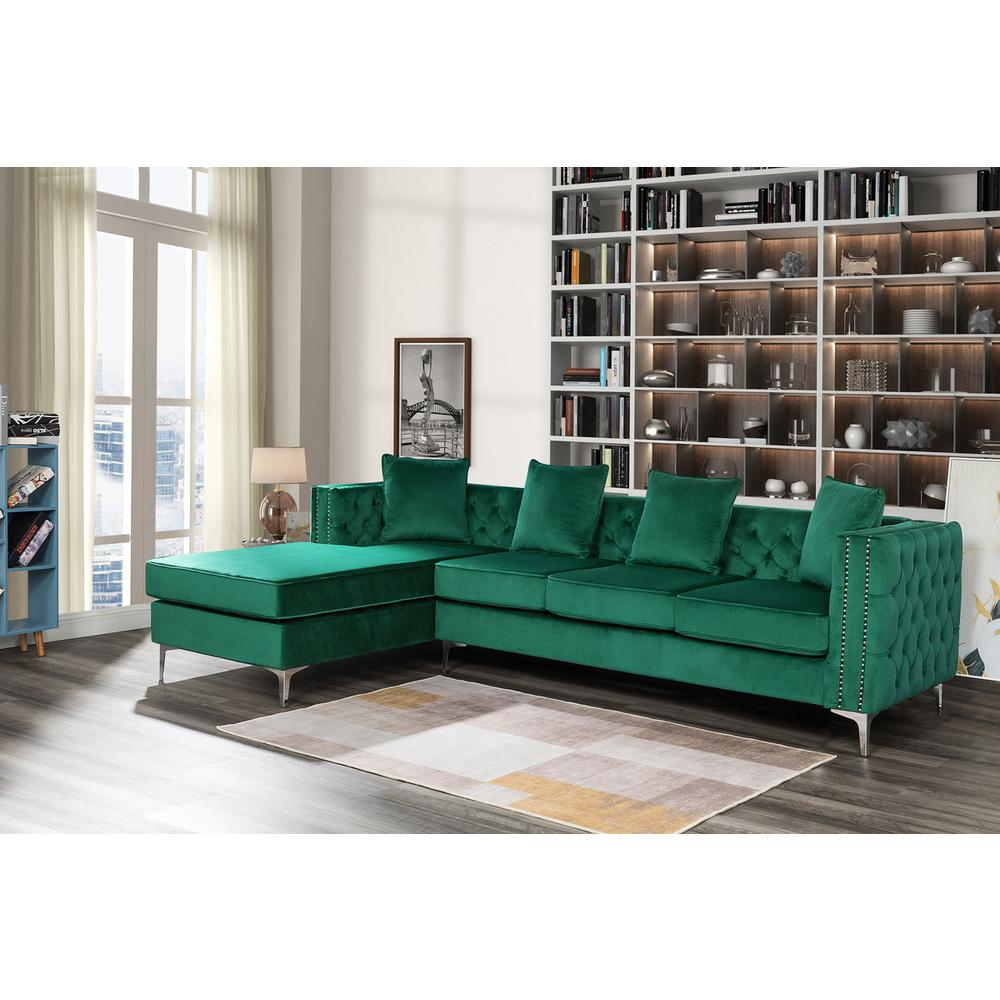 Boho Aesthetic Ryan Green Velvet Reversible Sectional Sofa Chaise with Nail-Head Trim | Biophilic Design Airbnb Decor Furniture 