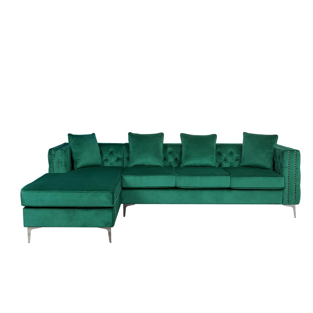 Boho Aesthetic Ryan Green Velvet Reversible Sectional Sofa Chaise with Nail-Head Trim | Biophilic Design Airbnb Decor Furniture 