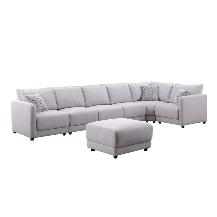 Boho Aesthetic La Créteil | Light Gray Linen Fabric Reversible 7PC Modular Sectional Sofa with Ottoman & Pillows | Biophilic Design Airbnb Decor Furniture 