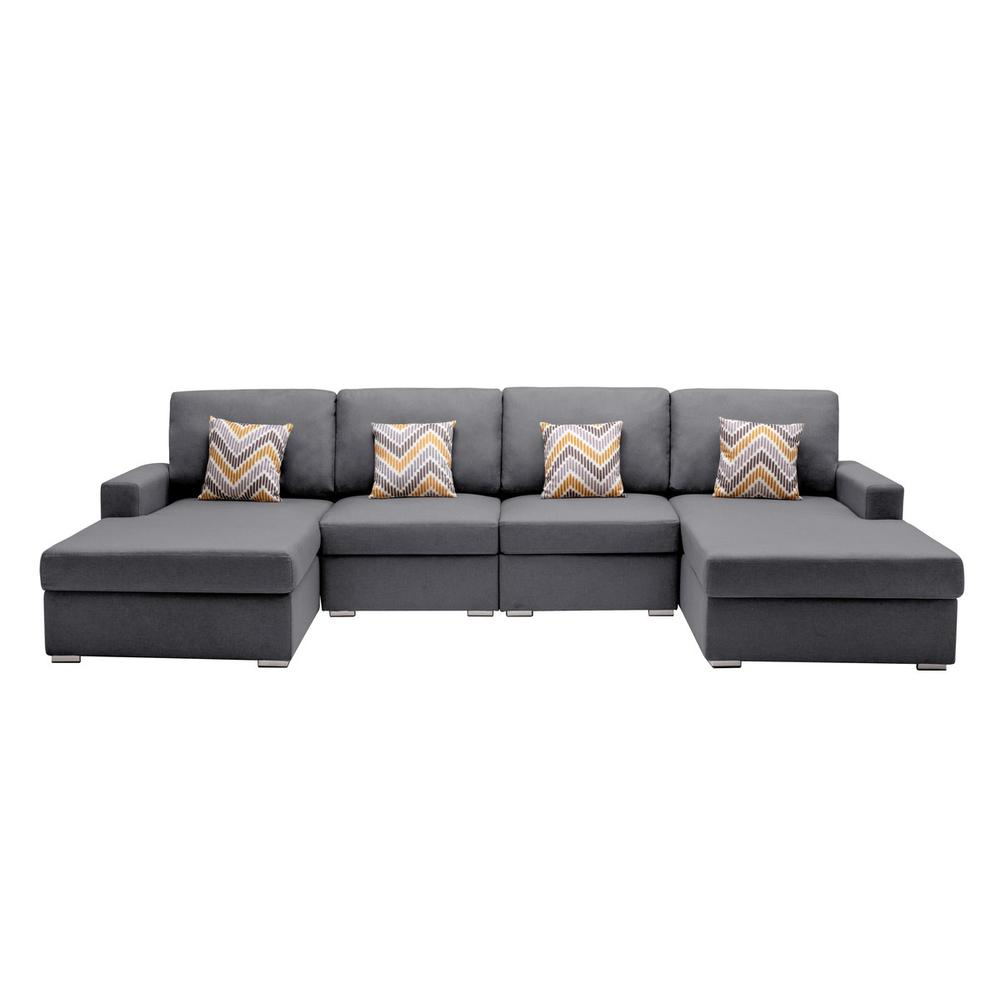 Boho Aesthetic Nolan Gray Linen Fabric 4Pc Double Chaise Sectional Sofa with Pillows and Interchangeable Legs | Biophilic Design Airbnb Decor Furniture 