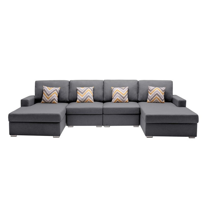 Boho Aesthetic Nolan Gray Linen Fabric 4Pc Double Chaise Sectional Sofa with Pillows and Interchangeable Legs | Biophilic Design Airbnb Decor Furniture 