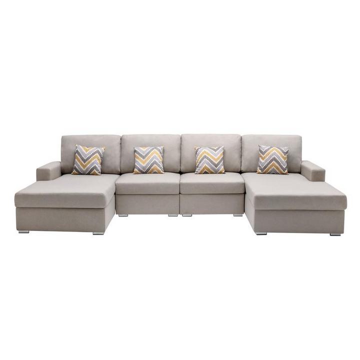 Boho Aesthetic Nolan Beige Linen Fabric 4Pc Double Chaise Sectional Sofa with Pillows and Interchangeable Legs | Biophilic Design Airbnb Decor Furniture 