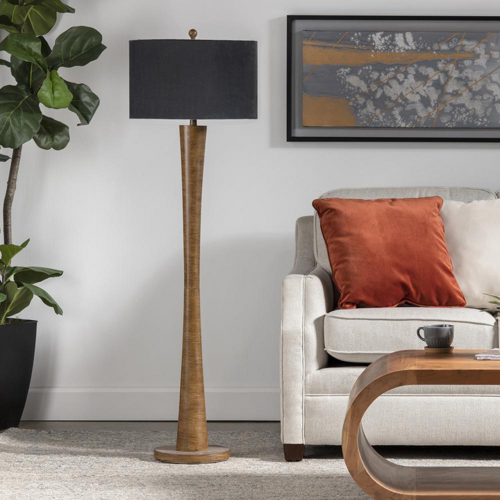 Boho Aesthetic Guertin Wood Resin Floor Lamp Gray Velvet Shade | Biophilic Design Airbnb Decor Furniture 