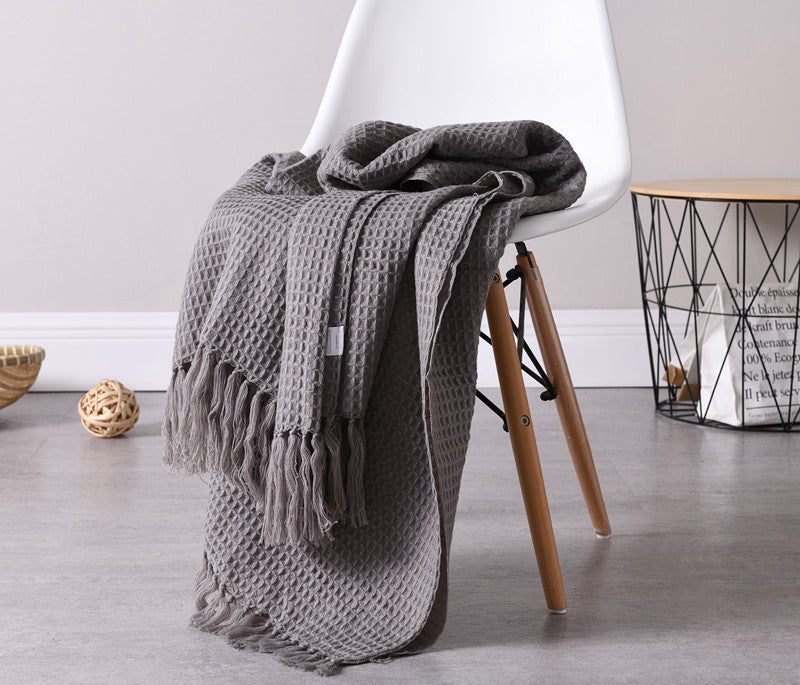 Buy farmhouse furniture Beige Textured Modern Farmhouse Tassel Throw Blanket - Modern Cottage Farmhouse Furniture