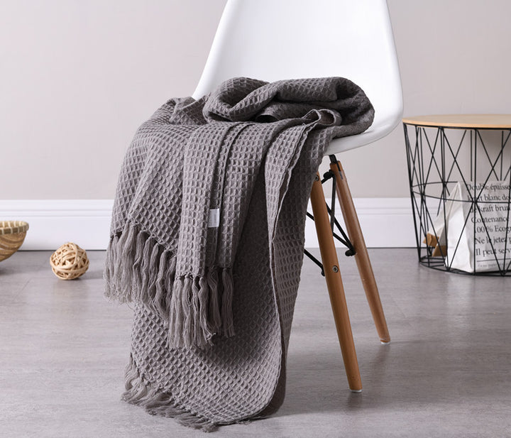 Buy farmhouse furniture Beige Textured Modern Farmhouse Tassel Throw Blanket - Modern Cottage Farmhouse Furniture