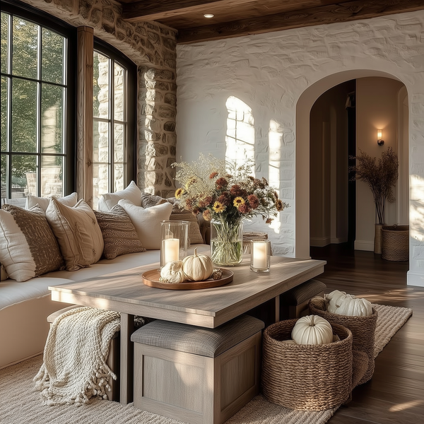 Moseberg Distressed Mediterranean Farmhouse Gray Coffee Table with Storage Stools - Mediterranean Italian Contemporary Home Decor Furniture