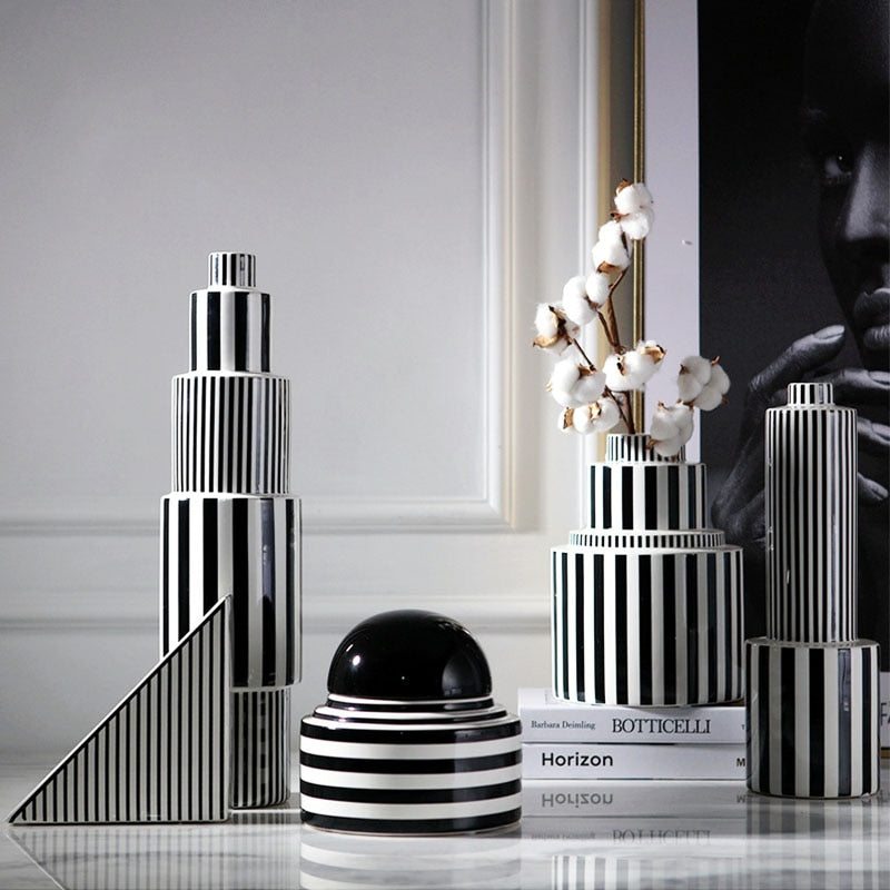 Boho Aesthetic The Saint-Étienne | Modern Black and White Striped Ceramic Ornament Vase | Biophilic Design Airbnb Decor Furniture 