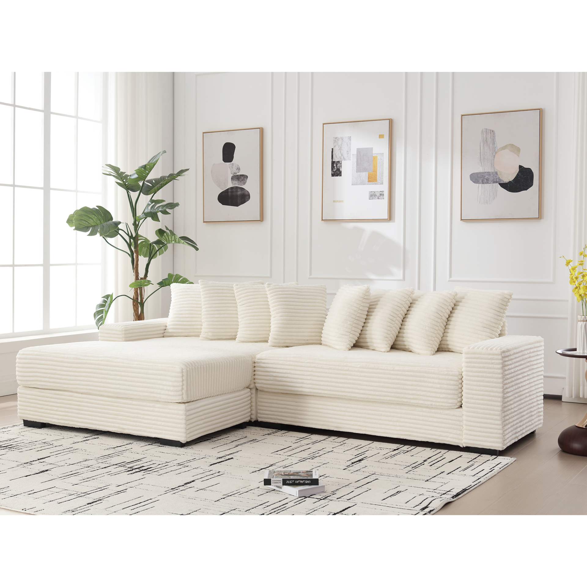 Le Eupopia • Oversized Beige European Farmhouse Style Two-Piece L Shaped Sofa Couch - Mediterranean Italian Contemporary Home Decor Furniture