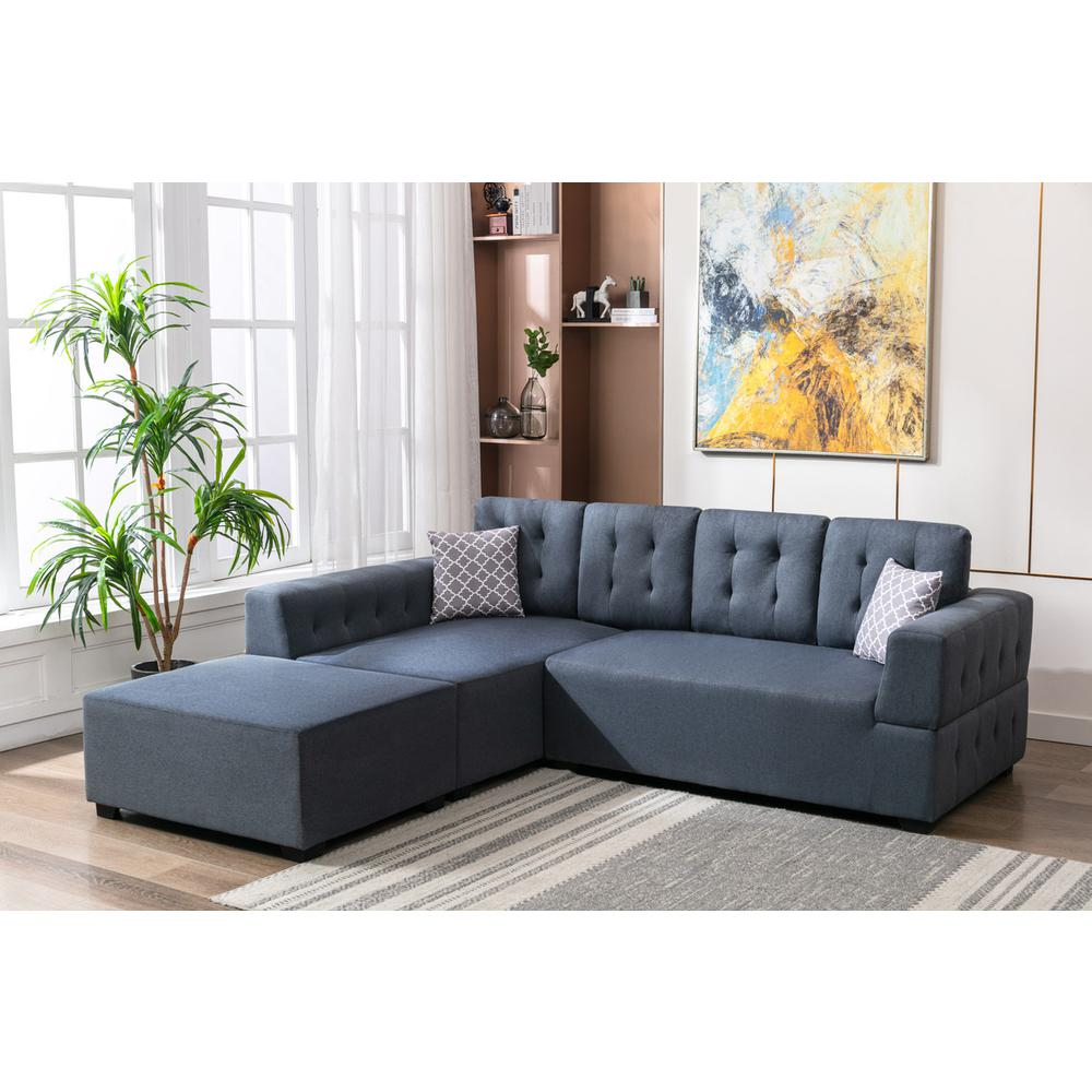 Boho Aesthetic Large Modern Dark Gray Linen Fabric Sectional Sofa with Left Facing Chaise Ottoman and Pillows | Biophilic Design Airbnb Decor Furniture 