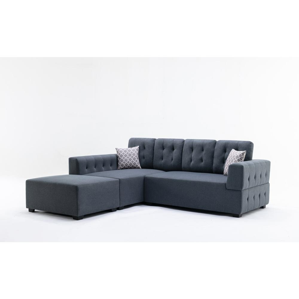Boho Aesthetic Large Modern Dark Gray Linen Fabric Sectional Sofa with Left Facing Chaise Ottoman and Pillows | Biophilic Design Airbnb Decor Furniture 