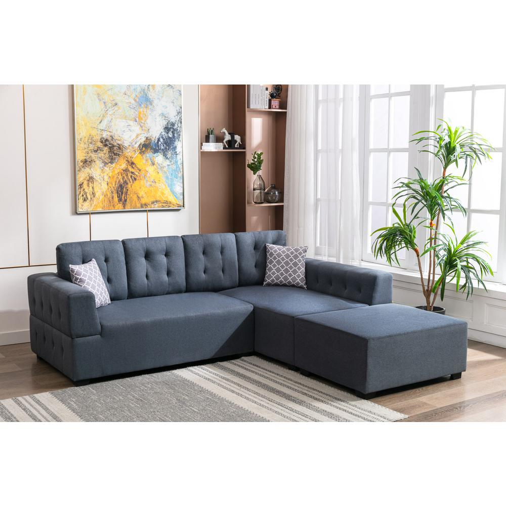 Boho Aesthetic Ordell Dark Gray Linen Fabric Sectional Sofa with Right Facing Chaise Ottoman and Pillows | Biophilic Design Airbnb Decor Furniture 