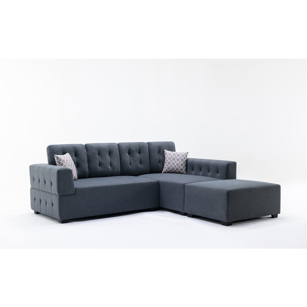 Boho Aesthetic Ordell Dark Gray Linen Fabric Sectional Sofa with Right Facing Chaise Ottoman and Pillows | Biophilic Design Airbnb Decor Furniture 