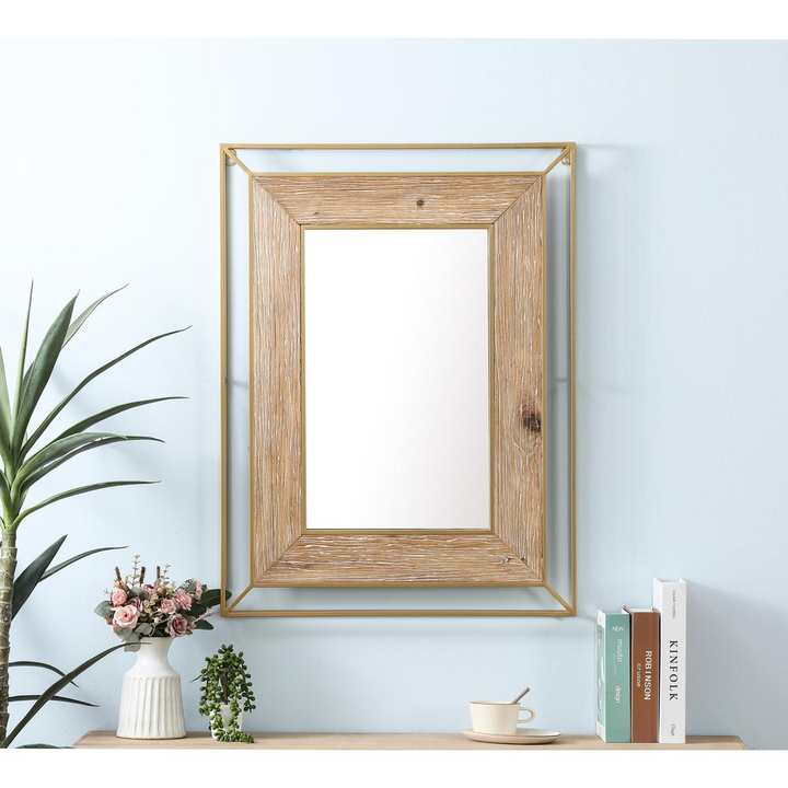 Boho Aesthetic Gold Metal and Natural Wood Rectangular Frame Accent Wall Mirror | Biophilic Design Airbnb Decor Furniture 