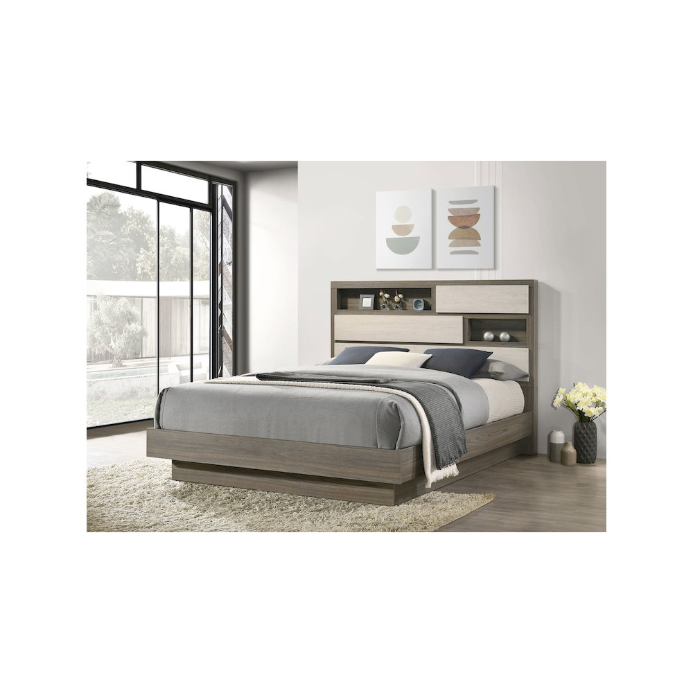 Buy farmhouse furniture Fenwick Queen Bed Bookcase Headboard Grey Oak - Modern Cottage Farmhouse Furniture
