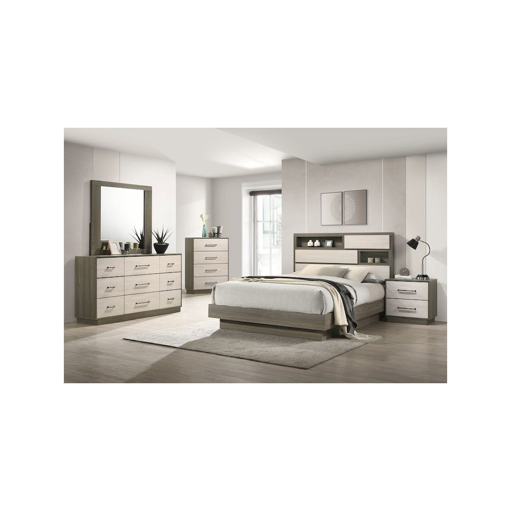 Buy farmhouse furniture Fenwick Queen Bed Bookcase Headboard Grey Oak - Modern Cottage Farmhouse Furniture