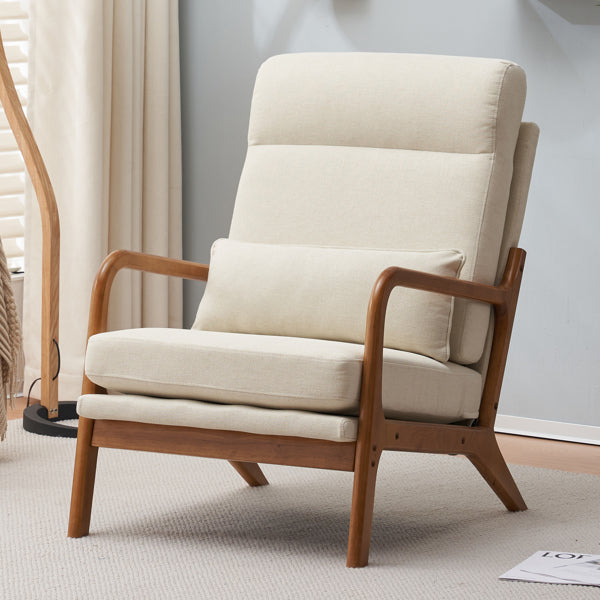 Beige armchair with wooden frame in a room setting