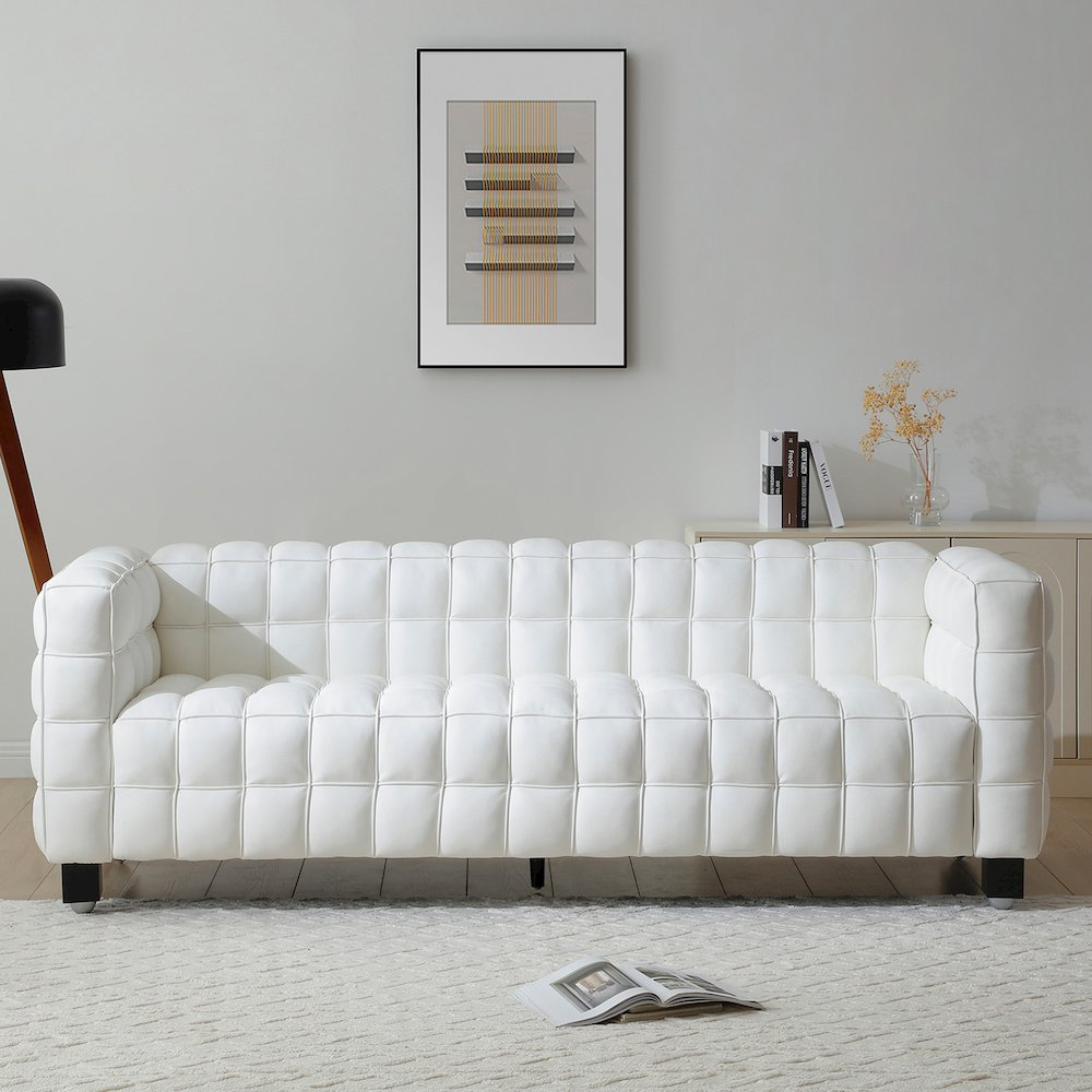 Buy farmhouse furniture Emma Leather Sofa | Grid-Pattern Modern Luxury Couch | 89" Living Room Sofa - Modern Cottage Farmhouse Furniture