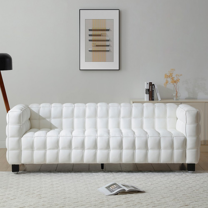 Buy farmhouse furniture Emma Leather Sofa | Grid-Pattern Modern Luxury Couch | 89" Living Room Sofa - Modern Cottage Farmhouse Furniture
