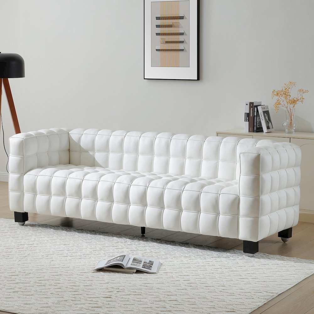 Buy farmhouse furniture Emma Leather Sofa | Grid-Pattern Modern Luxury Couch | 89" Living Room Sofa - Modern Cottage Farmhouse Furniture