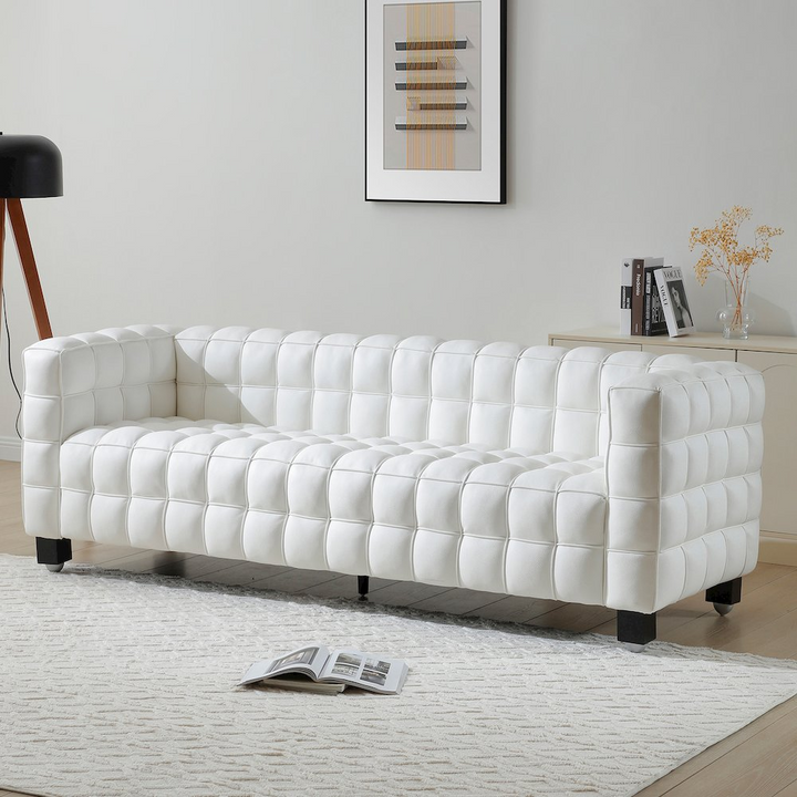 Buy farmhouse furniture Emma Leather Sofa | Grid-Pattern Modern Luxury Couch | 89" Living Room Sofa - Modern Cottage Farmhouse Furniture