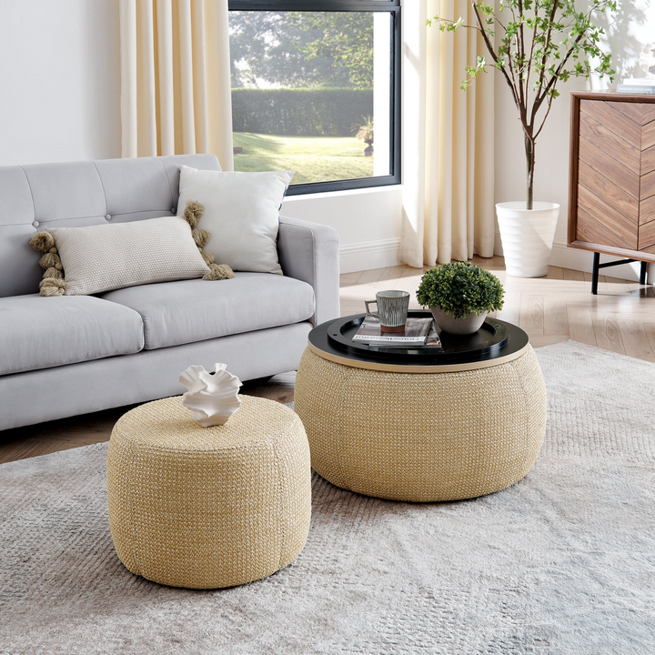 Buy farmhouse furniture Round Storage Ottoman, Woven rattan fabric Ottoman, 2 in 1 Function, Work as End table and Ottoman,with small seat-nature(25&