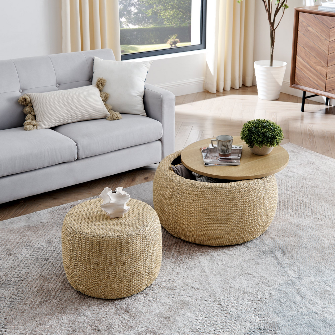 Buy farmhouse furniture Round Storage Ottoman, Woven rattan fabric Ottoman, 2 in 1 Function, Work as End table and Ottoman,with small seat-nature(25&