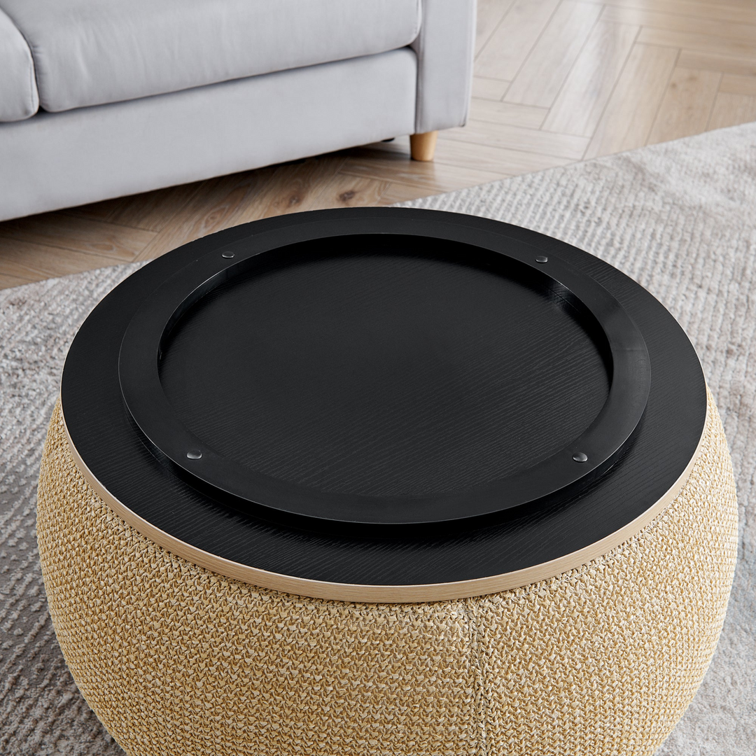 Buy farmhouse furniture Round Storage Ottoman, Woven rattan fabric Ottoman, 2 in 1 Function, Work as End table and Ottoman,with small seat-nature(25&