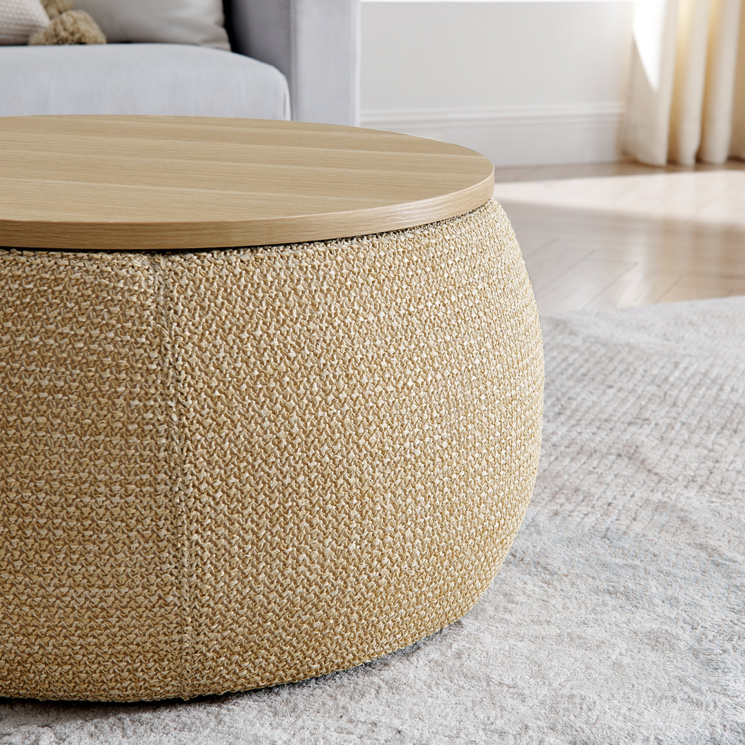 Buy farmhouse furniture Round Storage Ottoman, Woven rattan fabric Ottoman, 2 in 1 Function, Work as End table and Ottoman,with small seat-nature(25&
