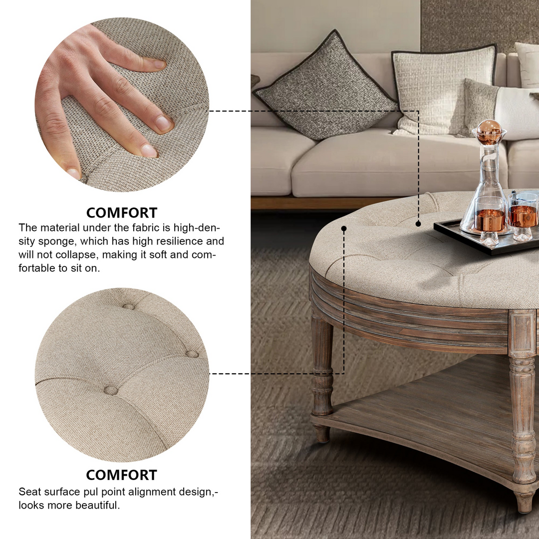Buy farmhouse furniture Beige Tufted Round Storage Ottoman | Farmhouse Coffee Table Ottoman with Dual Storage | 31.5" - Modern Cottage Farmhouse Furniture