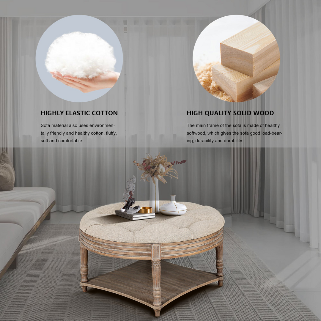 Buy farmhouse furniture Beige Tufted Round Storage Ottoman | Farmhouse Coffee Table Ottoman with Dual Storage | 31.5" - Modern Cottage Farmhouse Furniture