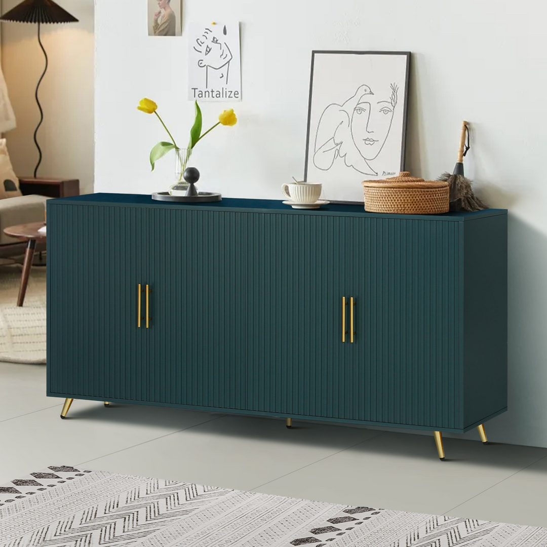 Teal sideboard with gold handles in a living room setting