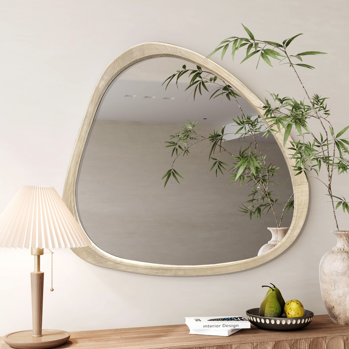 Solid Wood Asymmetrical Wall Mirror - 45 Inch Large Wooden Framed Dressing Mirror for Living Room, Bedroom, Bathroom, Hallway, Natural Wood Washed Finish - Mediterranean Italian Contemporary Home Decor Furniture